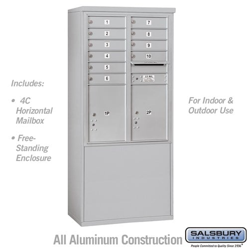 Salsbury 11 Door High Free-Standing 4C Horizontal Mailbox with 10 Doors and 2 Parcel Lockers in Aluminum with USPS Access - Sweatfully