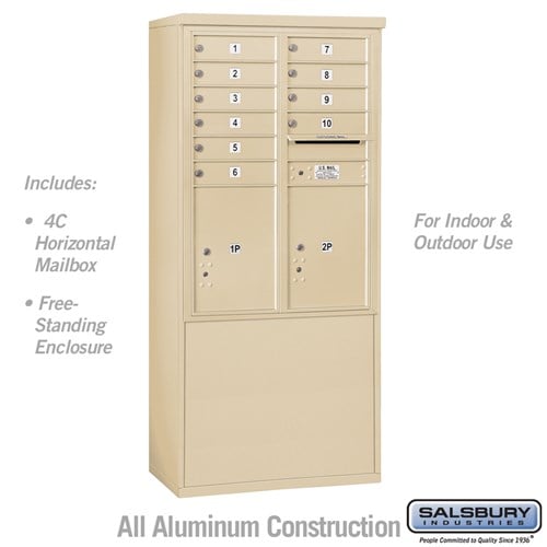 Salsbury 11 Door High Free-Standing 4C Horizontal Mailbox with 10 Doors and 2 Parcel Lockers in Sandstone with USPS Access - Sweatfully
