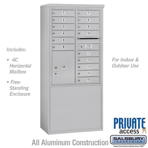 Salsbury 11 Door High Free-Standing 4C Horizontal Mailbox with 15 Doors and 1 Parcel Locker in Aluminum with Private Access - Sweatfully