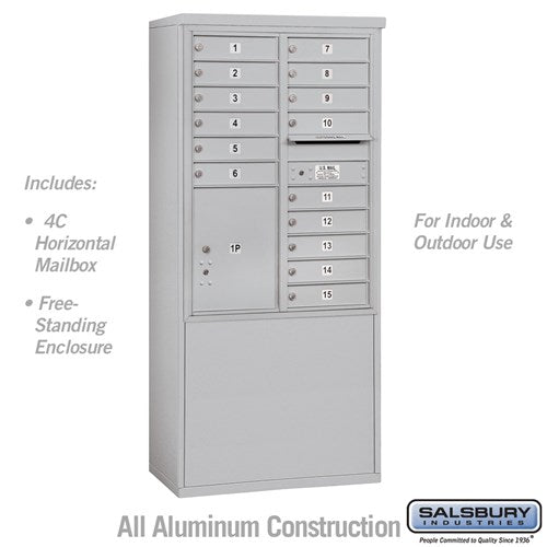 Salsbury 11 Door High Free-Standing 4C Horizontal Mailbox with 15 Doors and 1 Parcel Locker in Aluminum with USPS Access - Sweatfully