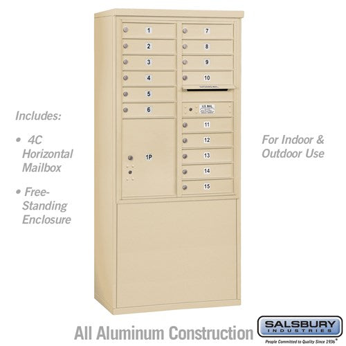 Salsbury 11 Door High Free-Standing 4C Horizontal Mailbox with 15 Doors and 1 Parcel Locker in Sandstone with USPS Access - Sweatfully