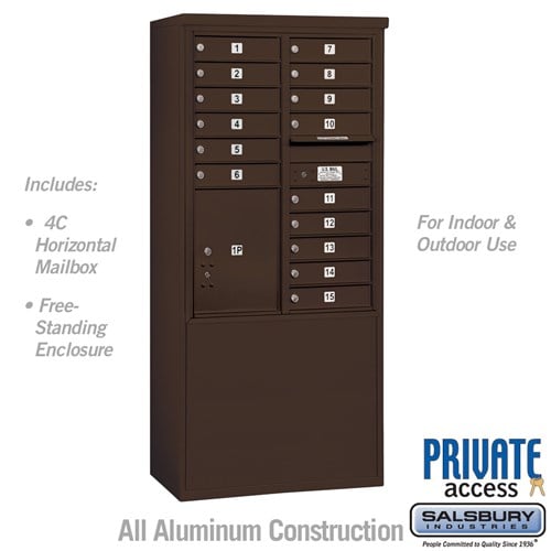Salsbury 11 Door High Free-Standing 4C Horizontal Mailbox with 15 Doors and 1 Parcel Locker in Bronze with Private Access - Sweatfully