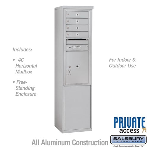 Salsbury 11 Door High Free-Standing 4C Horizontal Mailbox with 4 Doors and 1 Parcel Locker in Aluminum with Private Access - Sweatfully