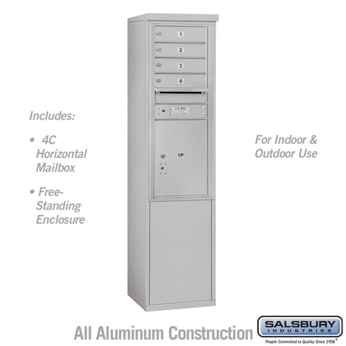 Salsbury 11 Door High Free-Standing 4C Horizontal Mailbox with 4 Doors and 1 Parcel Locker in Aluminum with USPS Access - Sweatfully
