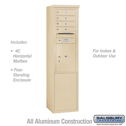 Salsbury 11 Door High Free-Standing 4C Horizontal Mailbox with 4 Doors and 1 Parcel Locker in Sandstone with USPS Access - Sweatfully