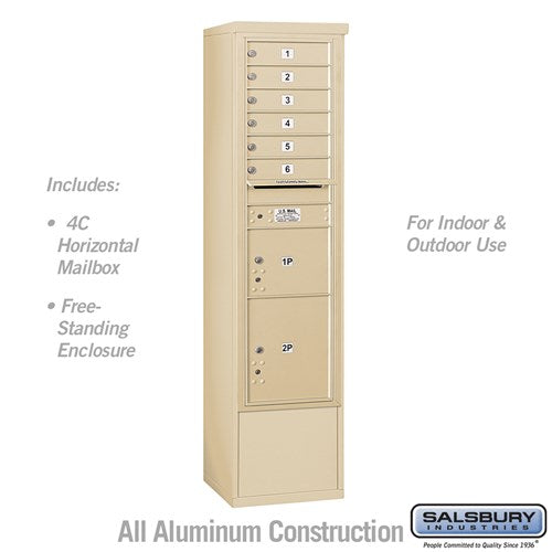 Salsbury Maximum Height Free-Standing 4C Horizontal Mailbox with 6 Doors and 2 Parcel Lockers in Sandstone with USPS Access - Sweatfully