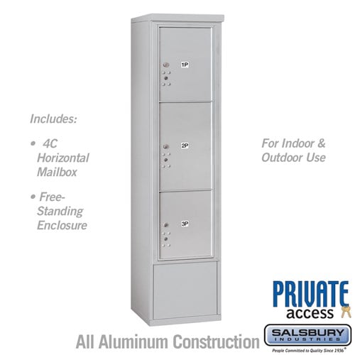 Salsbury Maximum Height Free-Standing 4C Horizontal Parcel Locker with 3 Parcel Lockers in Aluminum with Private Access - Sweatfully