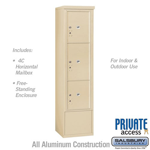 Salsbury Maximum Height Free-Standing 4C Horizontal Parcel Locker with 3 Parcel Lockers in Sandstone with Private Access - Sweatfully