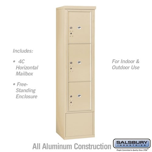 Salsbury Maximum Height Free-Standing 4C Horizontal Parcel Locker with 3 Parcel Lockers in Sandstone with USPS Access - Sweatfully