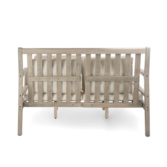 Outdoor Daybed, Patio Daybed with Four Pillows, Wooden Outdoor Bed with Curved Armrests for Poolside, Backyard, Garden - Sweatfully