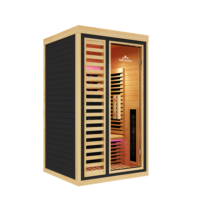 Peak Saunas Shasta 1-Person Indoor Full Spectrum Infrared Sauna with XL Medical-Grade Red Light Therapy & Smart WiFi App Control - Sweatfully