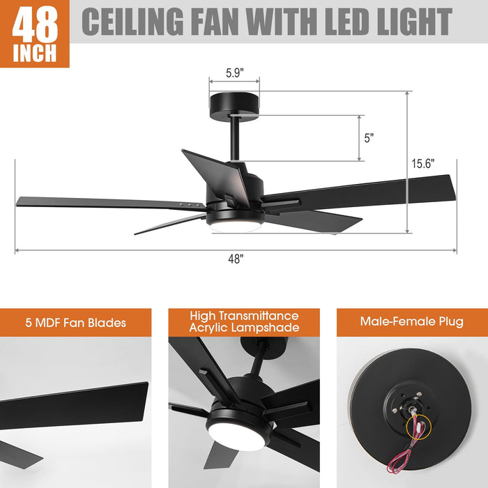48" DC Motor 5 Blades Modern Downrod Mount Ceiling Fan - Sweatfully