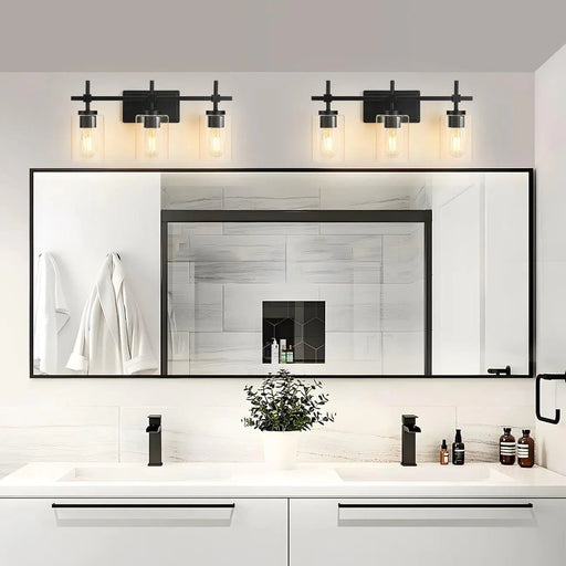Jasper 3-Light Modern Clear Glass Bathroom Vanity Light, Black & Nickel - Sweatfully