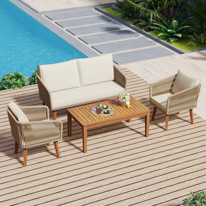 4 Pieces Outdoor Furniture Set with Loveseat, Patio Rope Conversation Set with Cushions for Backyard, Poolside, Garden - Sweatfully