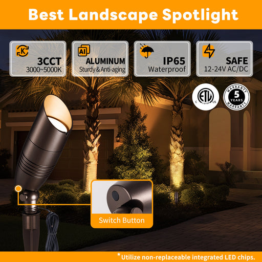 Gardenreet 3000K/4000K/5000K Low Voltage Aluminum Spotlight, 3CCT Adjustable Color Temperature 12V Integrated LED Landscape Lighting (9105) - Sweatfully