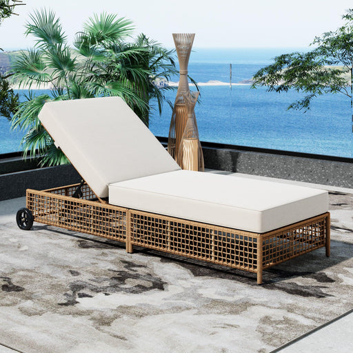 Outdoor Lounge Chair, Patio Chaise Lounge with 5-Position Backrest, Rattan Outdoor Lounge Chair with Cushion and Wheels for Poolside, Backyard, Garden - Sweatfully