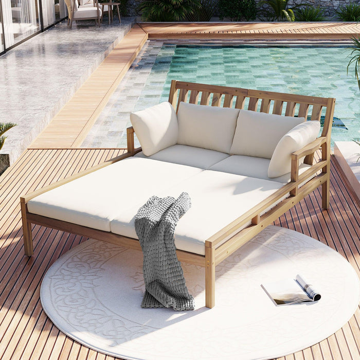 Outdoor Daybed, Patio Daybed with Four Pillows, Wooden Outdoor Bed with Curved Armrests for Poolside, Backyard, Garden - Sweatfully