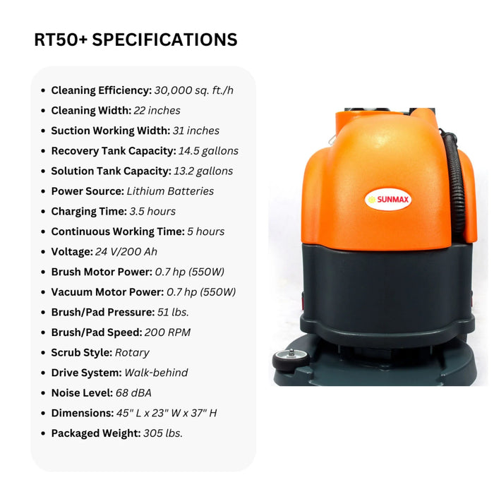 RT50 22" Walk-behind Commercial Floor Scrubber Dryer Machine, 30,000 sqft/h Cleaning Efficiency, 14.5-Gal Sewage Tank - Sweatfully