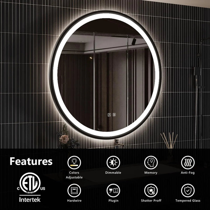 4 in 1 Blacklit Framed Round LED Bathroom Mirror - Sweatfully