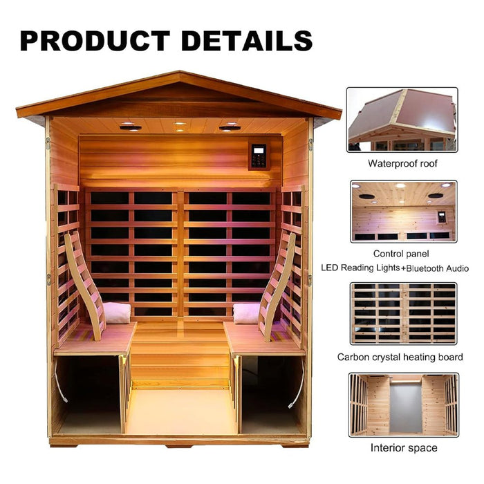 4-Person Luxury Low EMF Outdoor FAR Infrared Home Sauna With Bluetooth Audio, 2050W (SAK15372) - Sweatfully