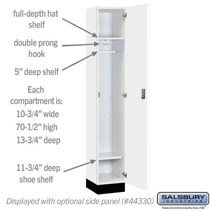 Salsbury 12" Wide Premier Wood Locker - Single Tier - 1 Wide - 6 Feet High - 15" Deep - Arctic White - Resettable Combination Locks - Sweatfully