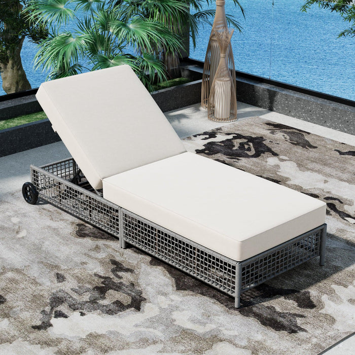 Outdoor Lounge Chair, Patio Chaise Lounge with 5-Position Backrest, Rattan Outdoor Lounge Chair with Cushion and Wheels for Poolside, Backyard, Garden - Sweatfully