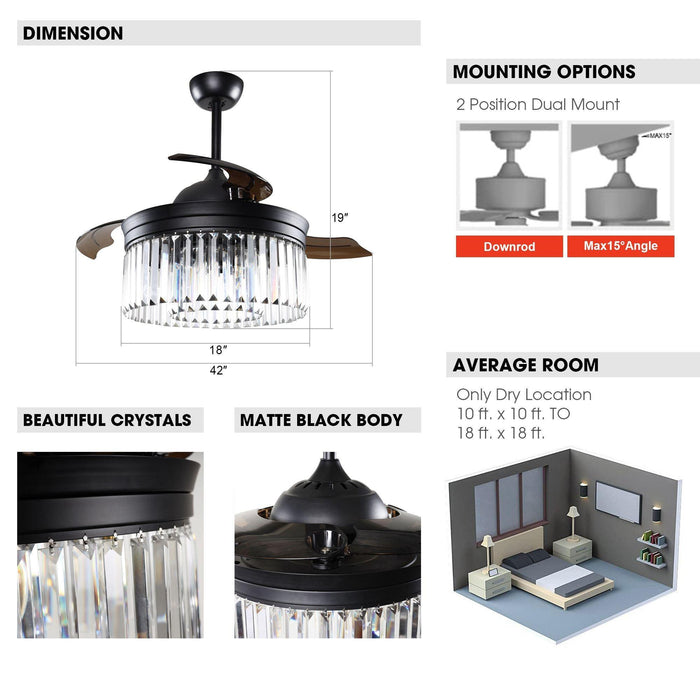 42" Modern Downrod Mount Crystal Ceiling Fan with Lighting and Remote Control - Sweatfully