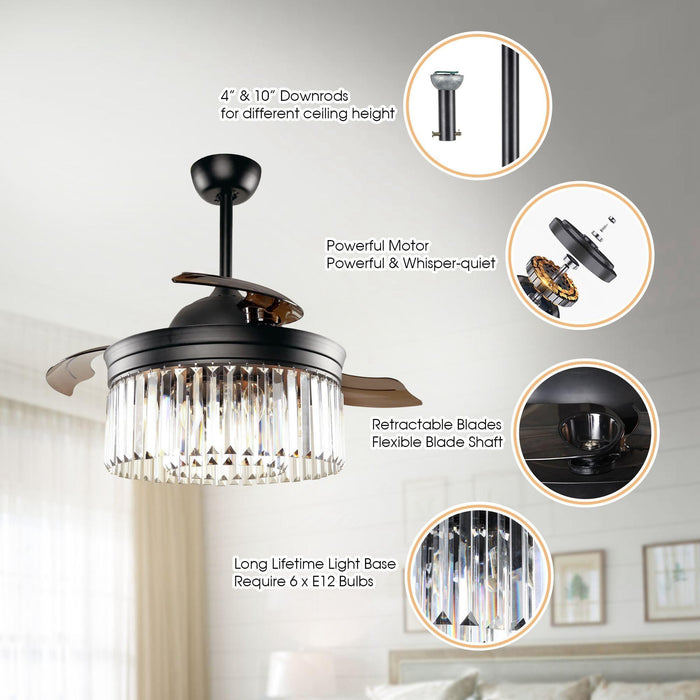 42" Modern Downrod Mount Crystal Ceiling Fan with Lighting and Remote Control - Sweatfully