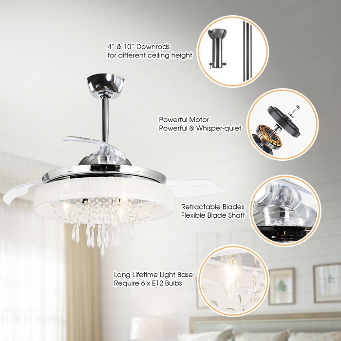 42" Modern Chrome Downrod Mount Crystal Ceiling Fan with Lighting and Remote Control - Sweatfully