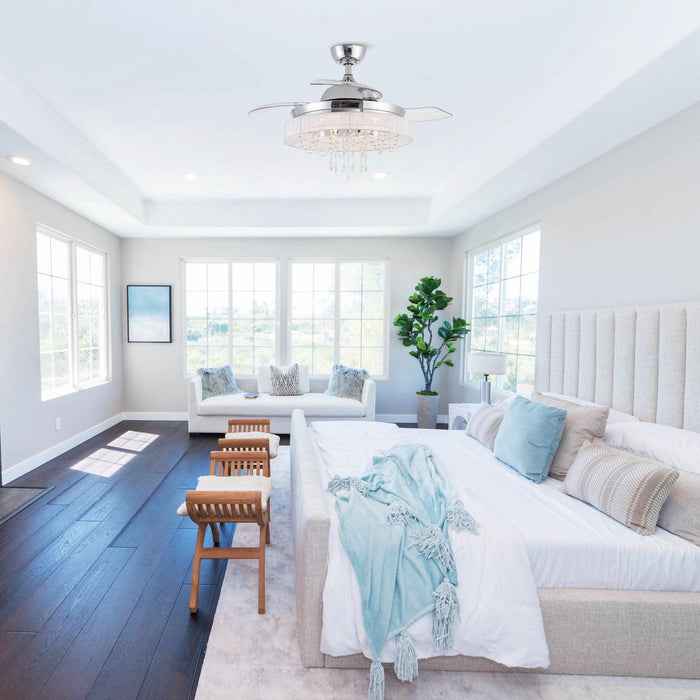 42" Modern Chrome Downrod Mount Crystal Ceiling Fan with Lighting and Remote Control - Sweatfully