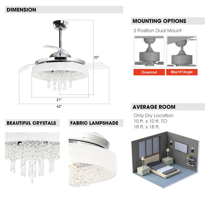 42" Modern Chrome Downrod Mount Crystal Ceiling Fan with Lighting and Remote Control - Sweatfully