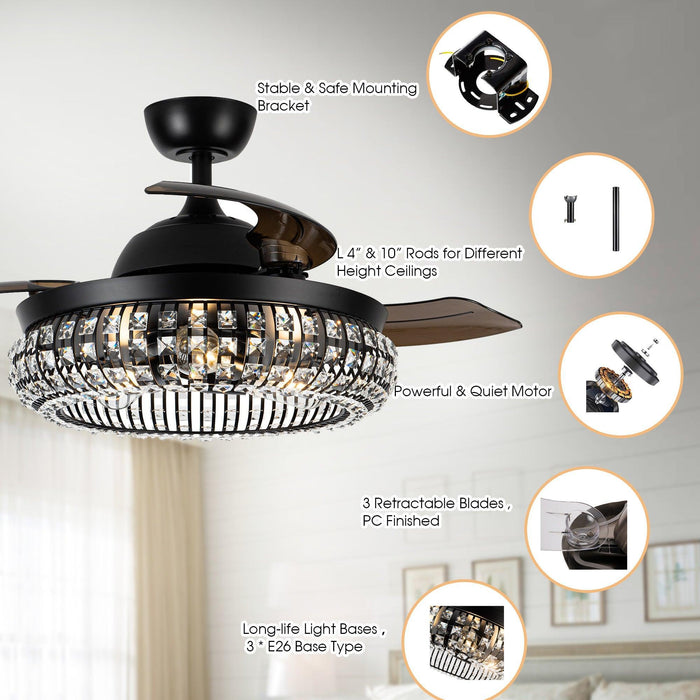 42" Modern Downrod Mount Crystal Ceiling Fan with Lighting and Remote Control - Sweatfully