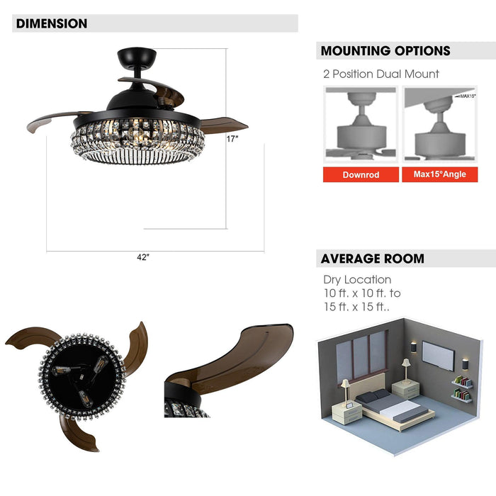 42" Modern Downrod Mount Crystal Ceiling Fan with Lighting and Remote Control - Sweatfully