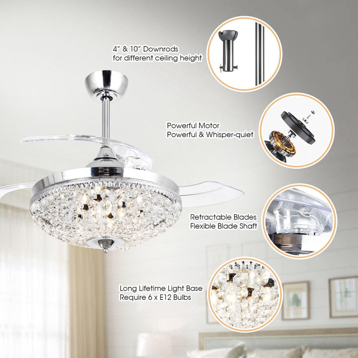 42" Servantes Modern Downrod Mount Crystal Ceiling Fan with Lighting and Remote Control - Sweatfully