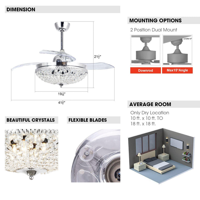 42" Servantes Modern Downrod Mount Crystal Ceiling Fan with Lighting and Remote Control - Sweatfully