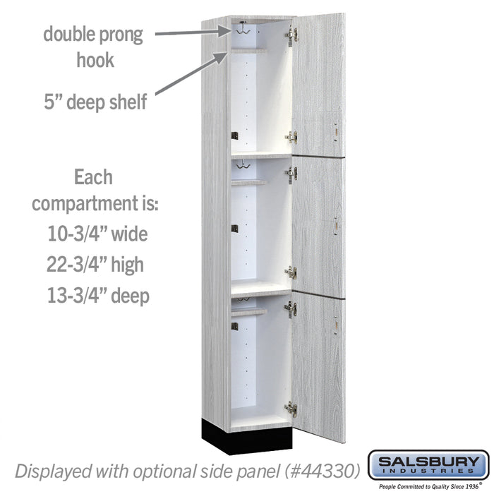 Salsbury 12" Wide Premier Wood Locker - Triple Tier - 1 Wide - 6 Feet High - 15" Deep - Silver Teak - Hasps - Sweatfully