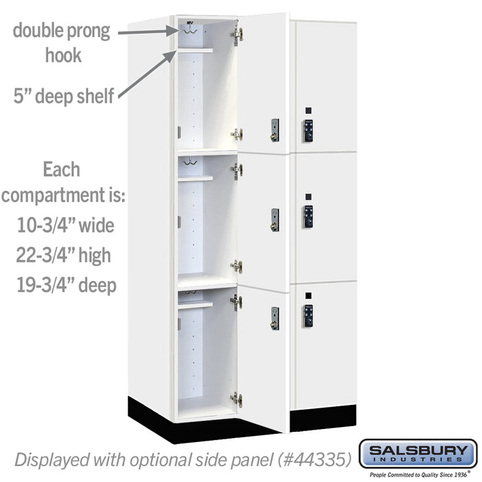 Salsbury 12" Wide Premier Wood Locker - Triple Tier - 3 Wide - 6 Feet High - 21" Deep - Arctic White - Resettable Combination Locks - Sweatfully