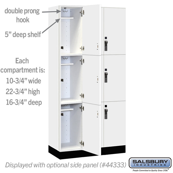 Salsbury 12" Wide Premier Wood Locker - Triple Tier - 3 Wide - 6 Feet High - 18" Deep - Arctic White - Hasps - Sweatfully