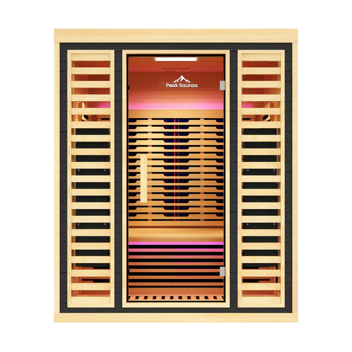 Peak Saunas Denali 3-Person Indoor Full Spectrum Infrared Sauna with Two XL Medical-Grade Red Light Therapy Panels & Smart WiFi App Control - Sweatfully