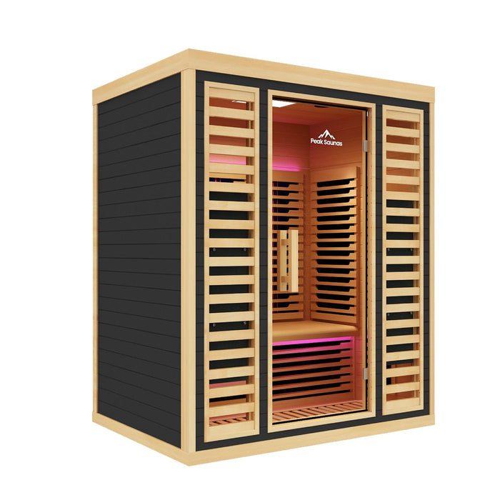 Peak Saunas Denali 3-Person Indoor Full Spectrum Infrared Sauna with Two XL Medical-Grade Red Light Therapy Panels & Smart WiFi App Control - Sweatfully