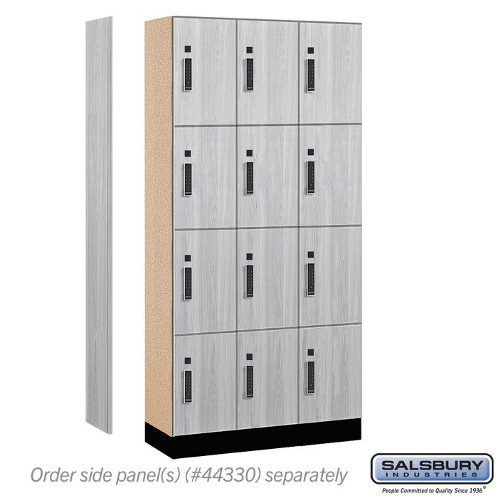 Salsbury 12" Wide Premier Wood Locker - Four Tier - 3 Wide - 6 Feet High - 15" Deep - Silver Teak - Electronic Locks - Sweatfully