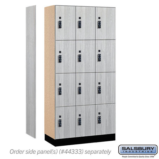 Salsbury 12" Wide Premier Wood Locker - Four Tier - 3 Wide - 6 Feet High - 18" Deep - Silver Teak - Resettable Combination Locks - Sweatfully