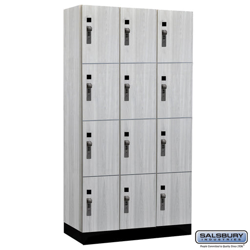 Salsbury 12" Wide Premier Wood Locker - Four Tier - 3 Wide - 6 Feet High - 18" Deep - Silver Teak - Hasps - Sweatfully