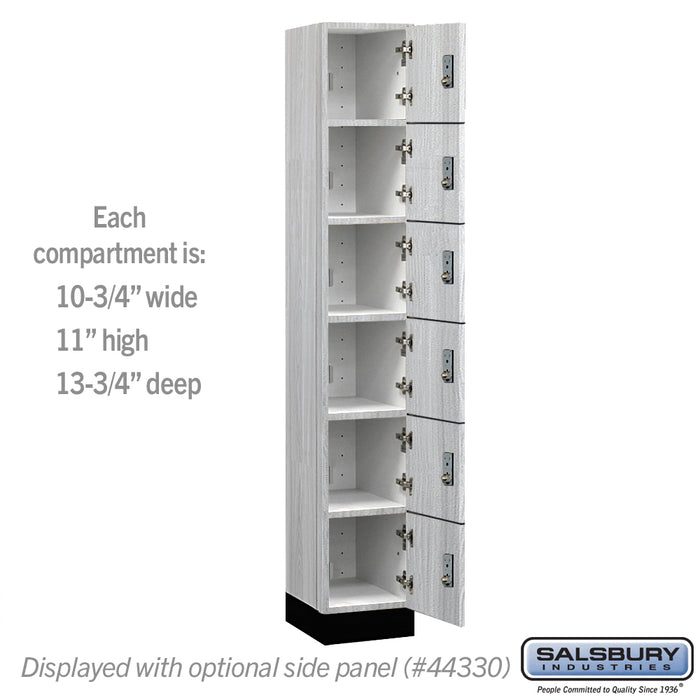 Salsbury 12" Wide Premier Wood Locker - Six Tier Box Style - 1 Wide - 6 Feet High - 15" Deep - Silver Teak - Resettable Combination Locks - Sweatfully