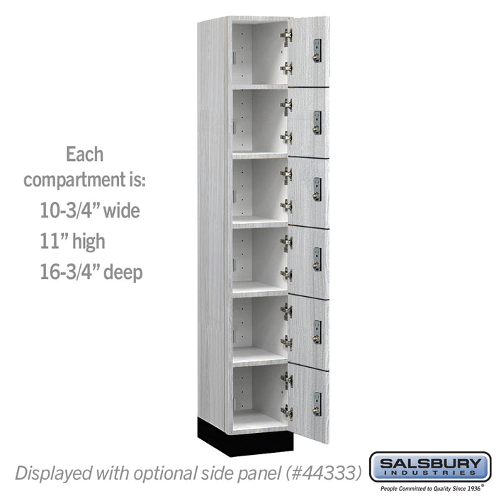 Salsbury 12" Wide Premier Wood Locker - Six Tier Box Style - 1 Wide - 6 Feet High - 18" Deep - Silver Teak - Resettable Combination Locks - Sweatfully