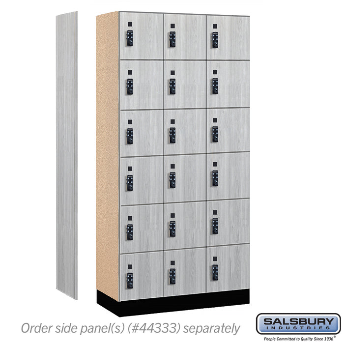Salsbury 12" Wide Premier Wood Locker - Six Tier Box Style - 3 Wide - 6 Feet High - 18" Deep - Silver Teak - Resettable Combination Locks - Sweatfully