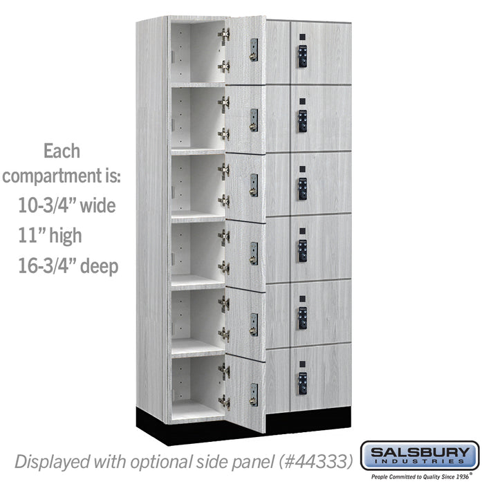 Salsbury 12" Wide Premier Wood Locker - Six Tier Box Style - 3 Wide - 6 Feet High - 18" Deep - Silver Teak - Resettable Combination Locks - Sweatfully