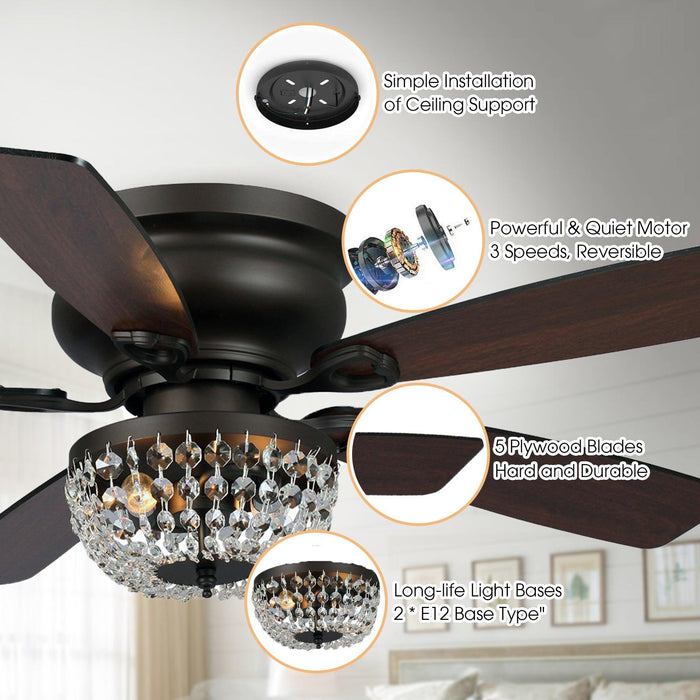 48" Modern Flush Mount Reversible Crytsal Ceiling Fan with Lighting and Remote Control - Sweatfully