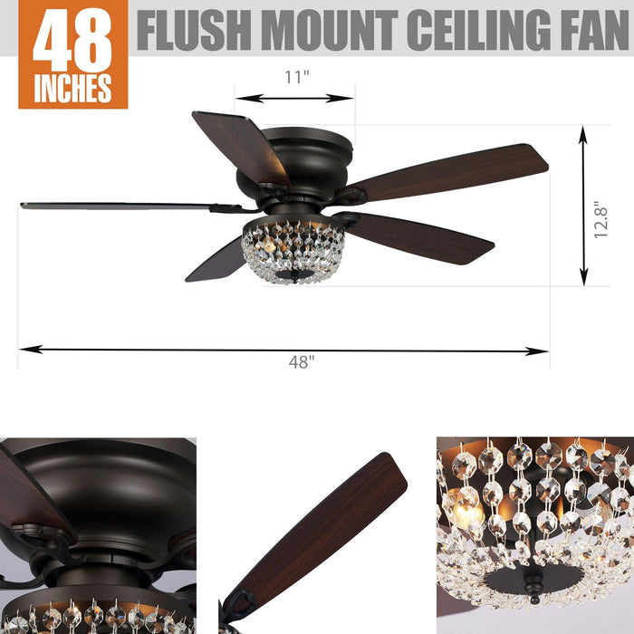 48" Modern Flush Mount Reversible Crytsal Ceiling Fan with Lighting and Remote Control - Sweatfully