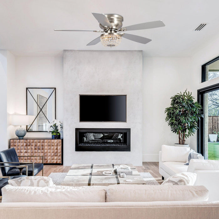 48" Modern Flush Mount Reversible Crytsal Ceiling Fan with Lighting and Remote Control - Sweatfully